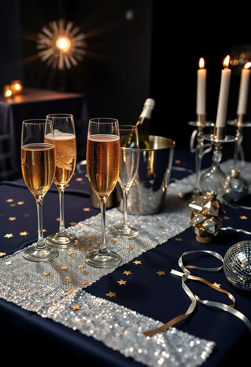 New Year's Eve midnight table with sparkly confetti, champagne flutes, clock centerpiece, and silver streamers