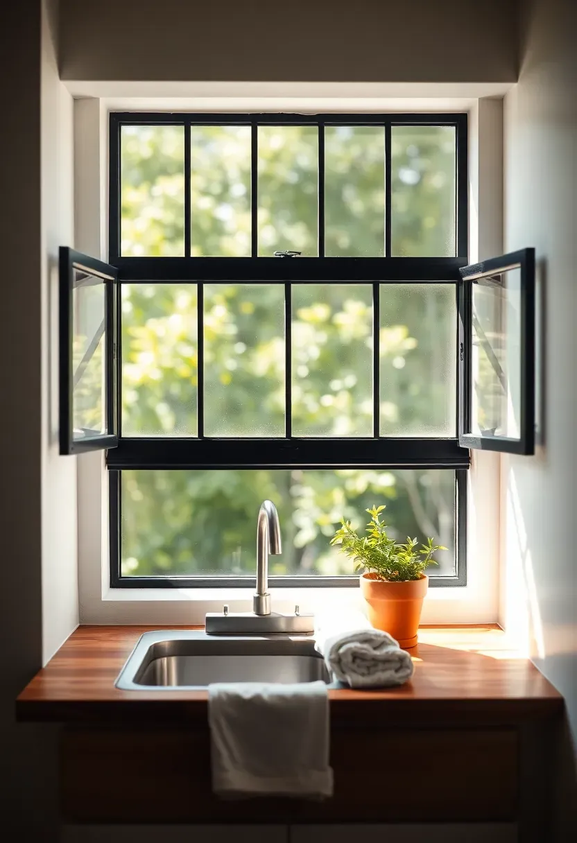 Small kitchen with a thin-frame black metal window above the sink looking out to a garden, white walls, and warm wood countertop below the window