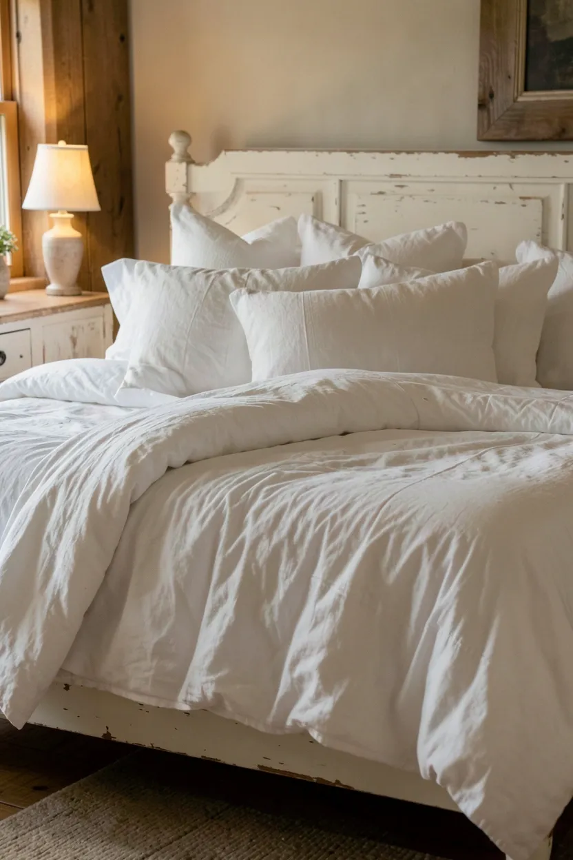 White linen duvet with natural relaxed wrinkles layered with a vintage quilt in a bright farmhouse bedroom