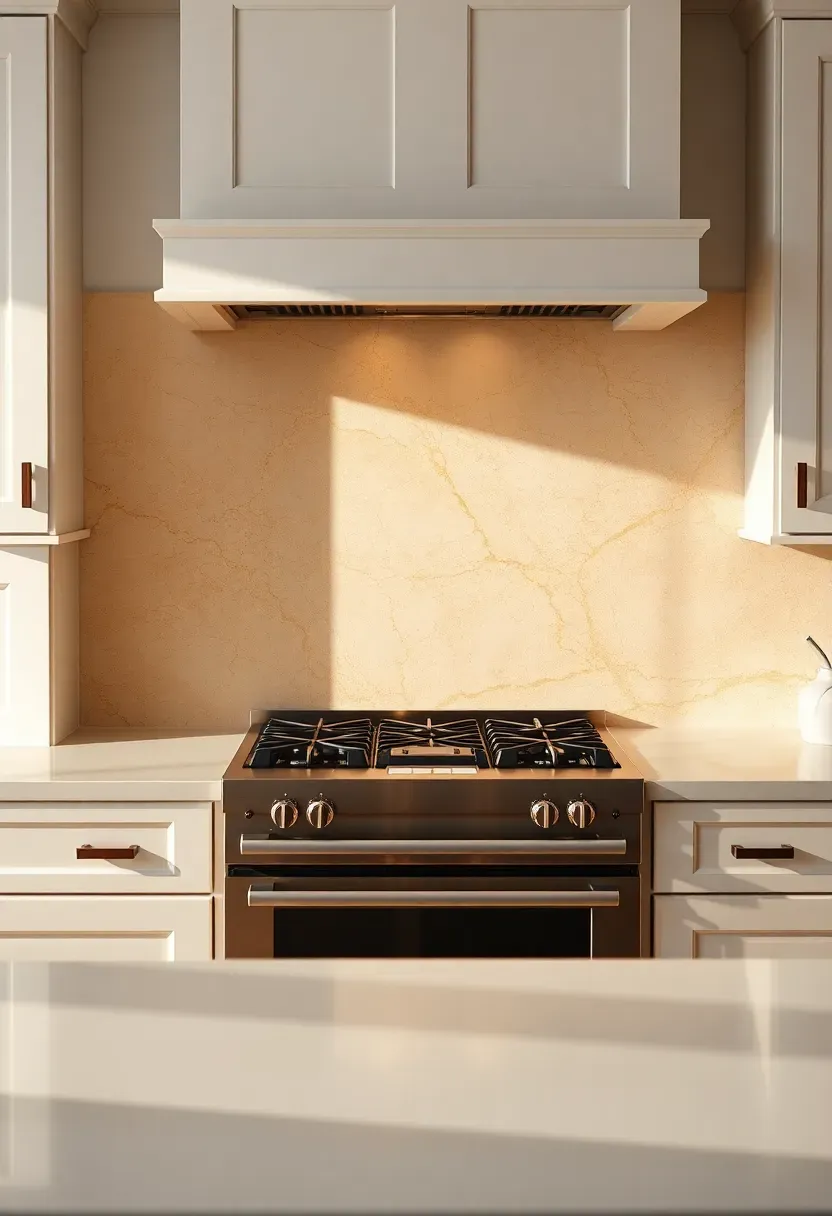 natural quartzite slab backsplash with warm beige and gold veining behind white kitchen cabinets and white quartz countertop