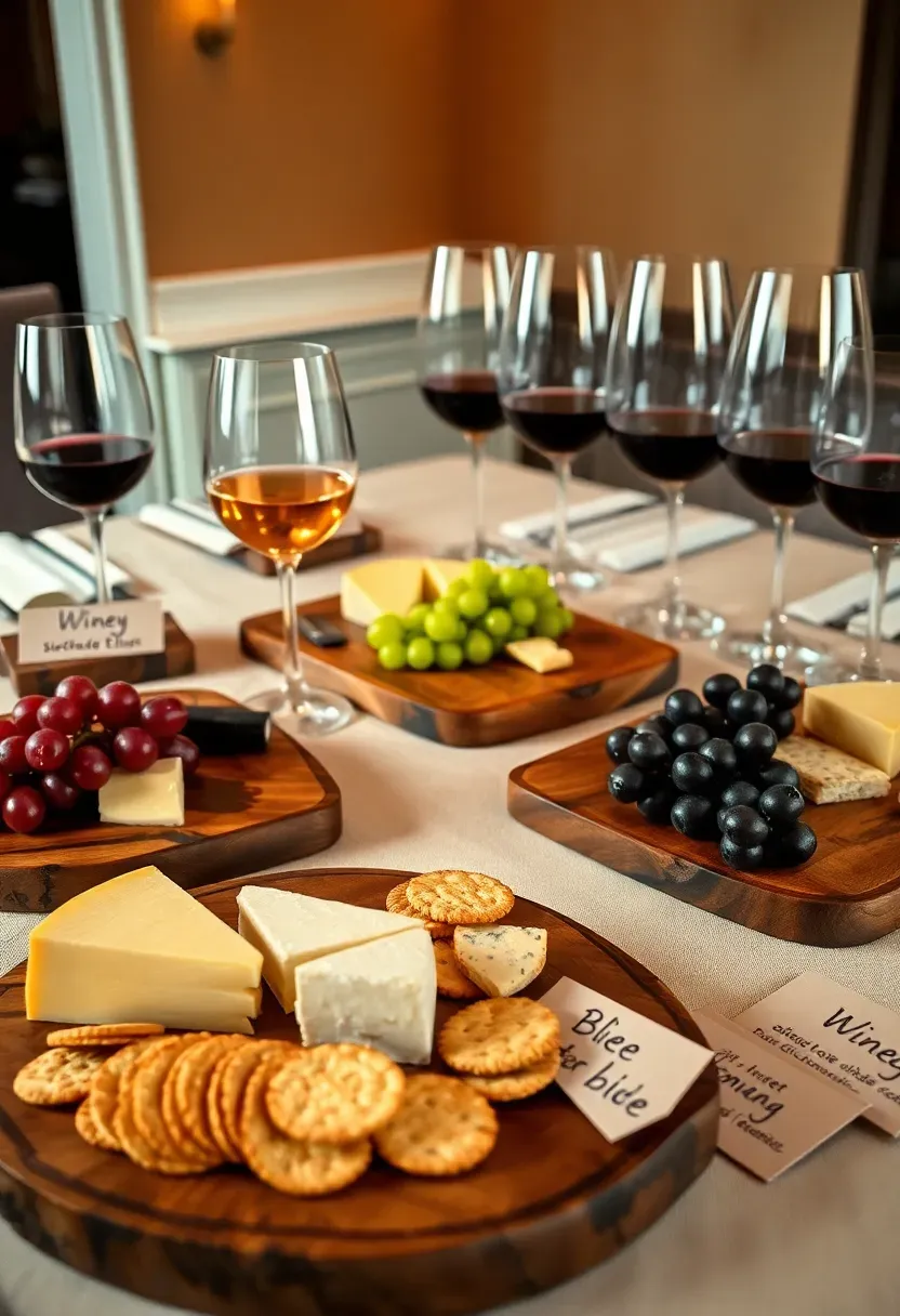 Wine and cheese tasting table with labeled cheese boards, grape clusters, crackers, and wine glasses arranged in tasting flights