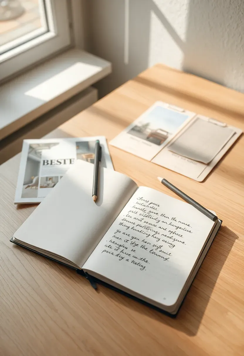 Mood board and budget planning spread on a desk for budget room decorating