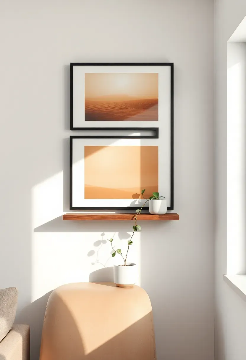 Small living room wall with a vertical gallery arrangement of three framed art prints in warm tones above a narrow floating shelf, drawing the eye upward
