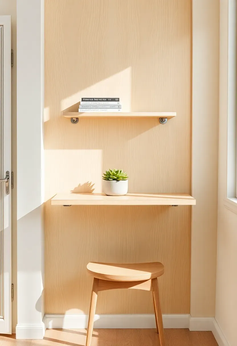 Small sunroom with a wall-mounted fold-down wooden desk in light birch, a single floating shelf above with books and a succulent, a simple wooden stool, and morning light across the work surface
