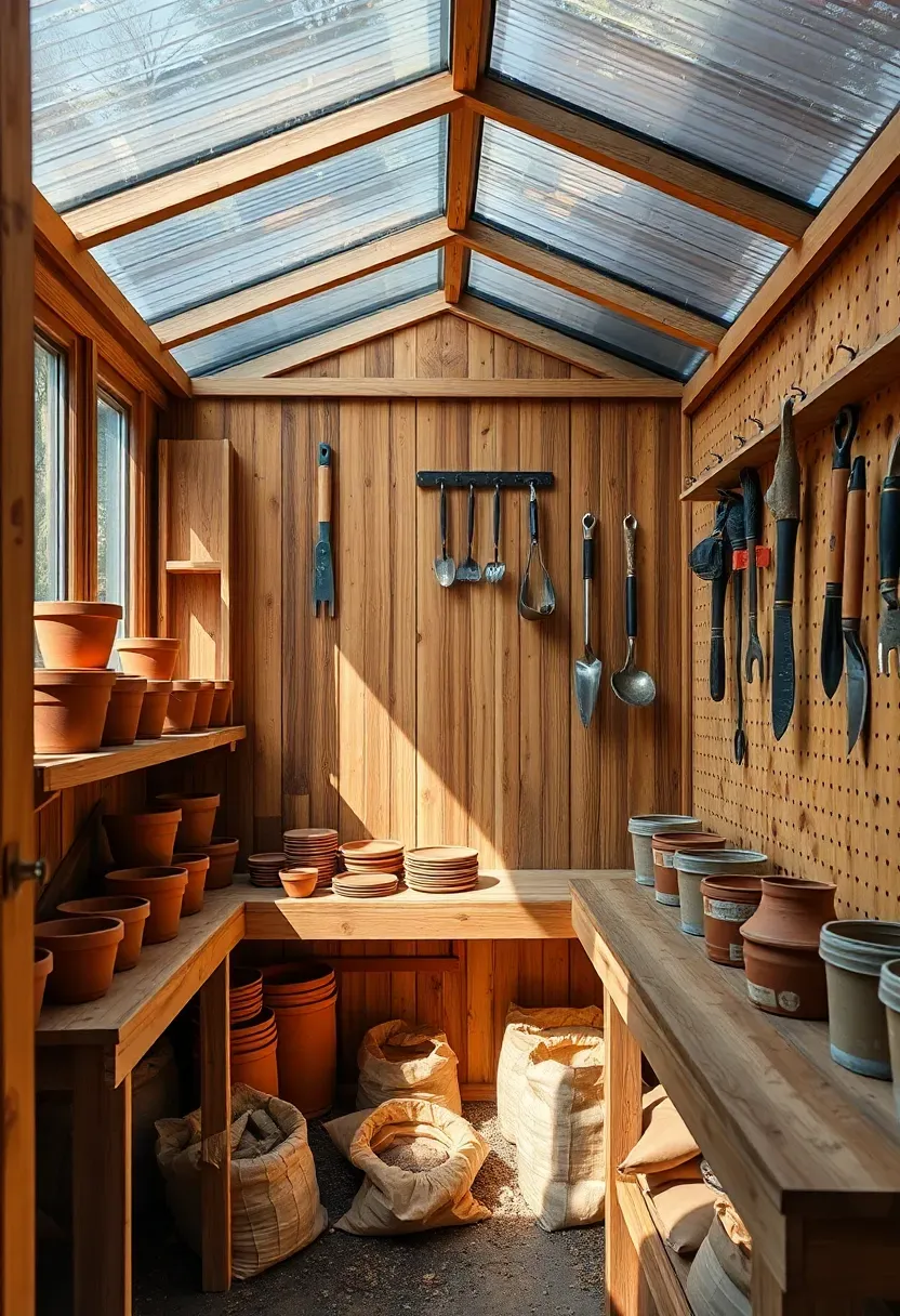 Interior of a sunlit potting shed with a deep wooden workbench, terracotta pots stacked on shelves, and bags of soil under the counter