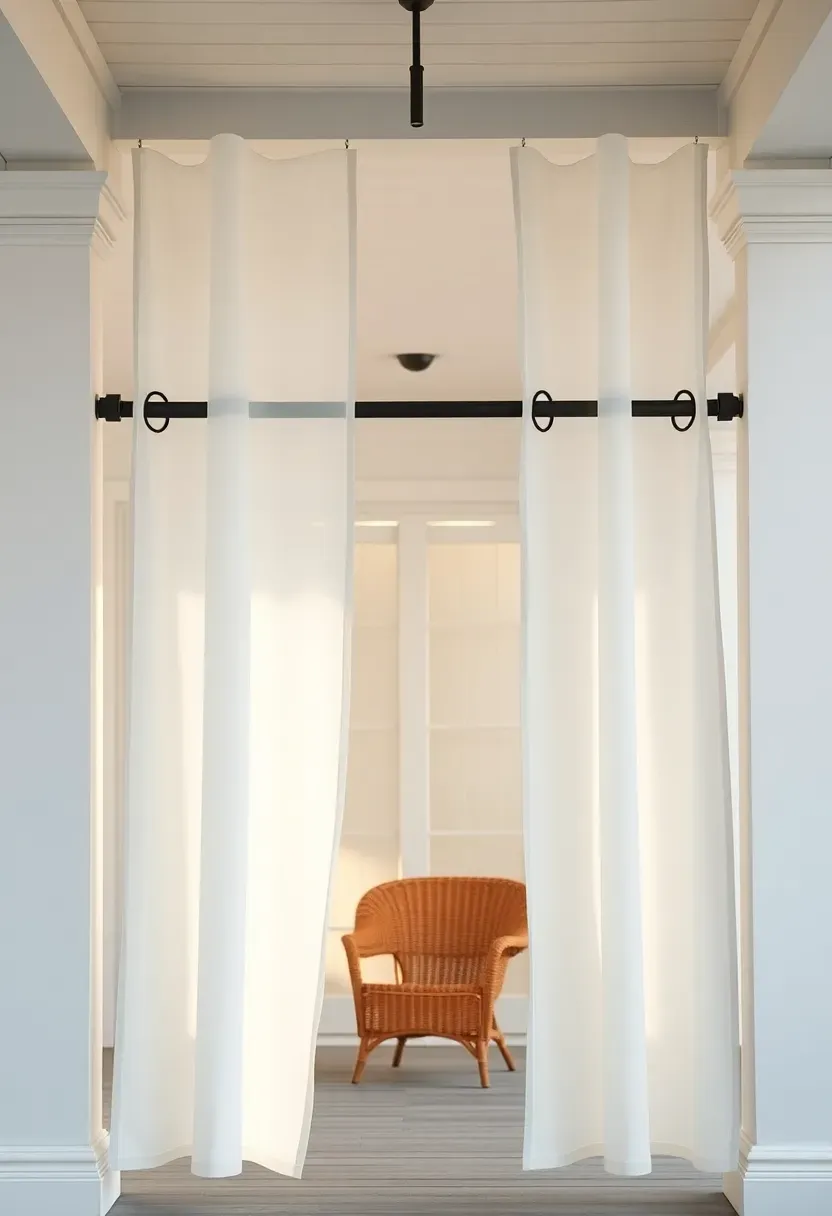Sheer white outdoor curtains billowing on a covered porch with wicker seating visible behind them