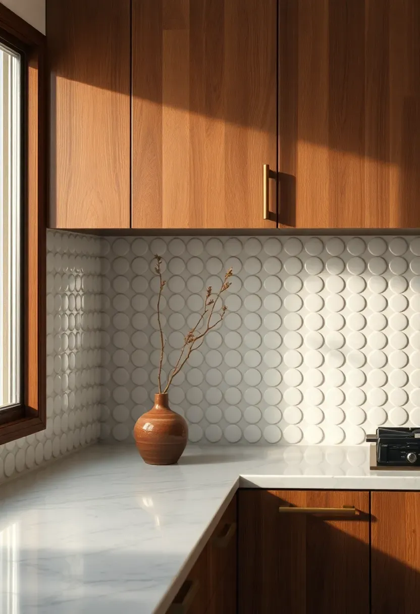 glossy white penny round tile backsplash with contrasting dark grout in a midcentury modern kitchen with walnut cabinets