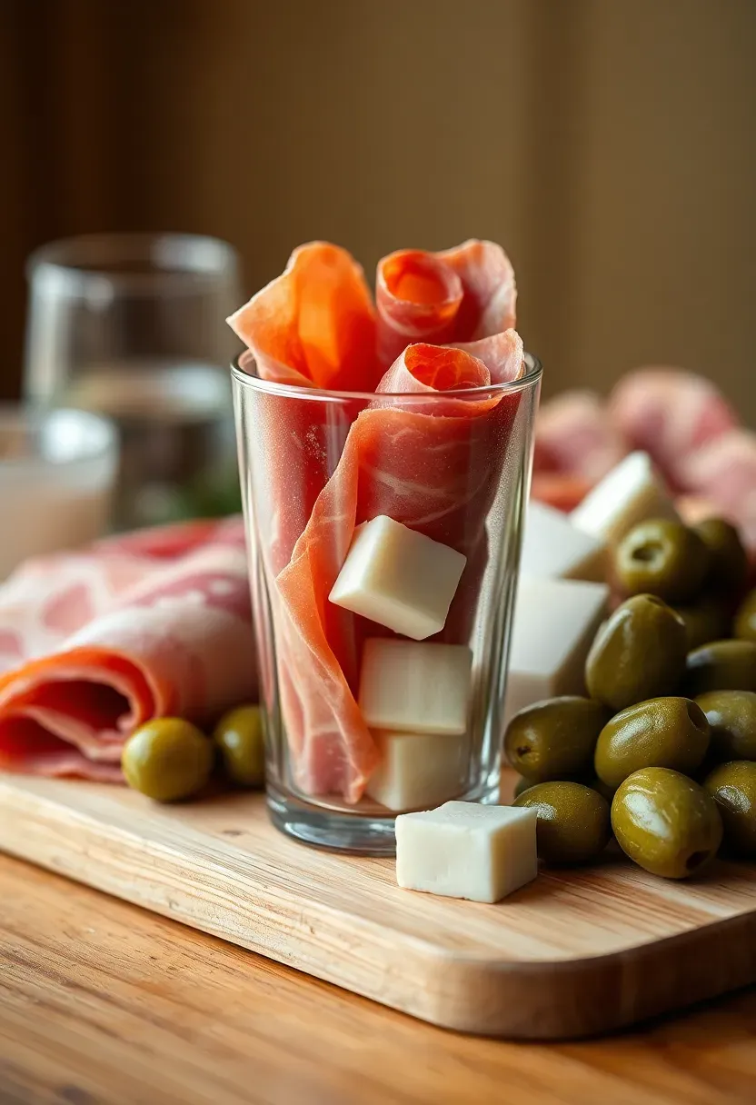 Classic Italian charcuterie cup with prosciutto, salami, mozzarella and olives