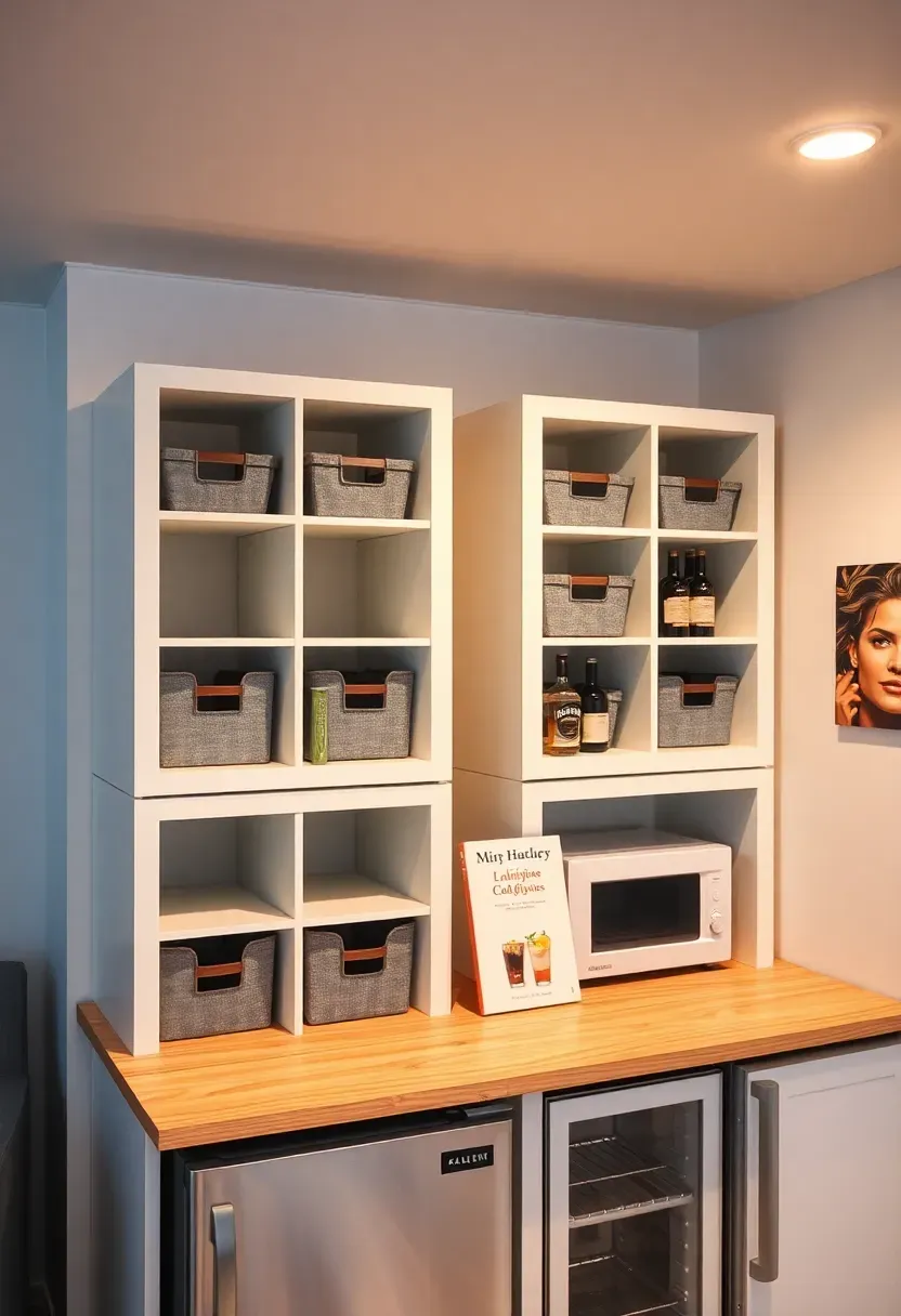 budget IKEA hack basement bar using KALLAX shelving unit as bar base with plywood countertop and affordable accessories
