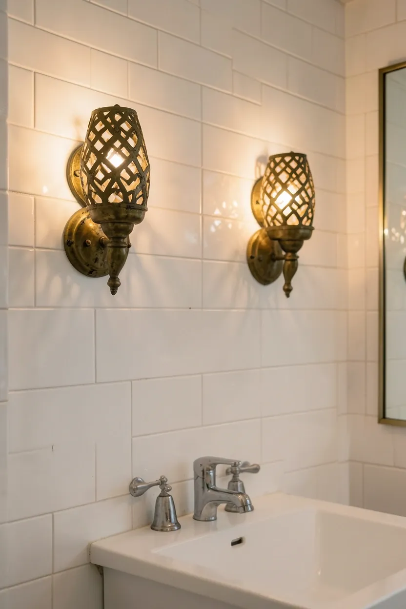 Hyper-realistic eye-level photograph of a Moroccan-style bathroom wall featuring two aged brass wall sconces with Moroccan geometric patterns in metalwork, warm ambient light casting soft shadows on white subway tile wall, white vanity below. Materials: aged brass metal, white ceramic tiles, white wood. Warm brass sconce lighting. Geometric pattern details. No text, no logos, no watermarks.</p>