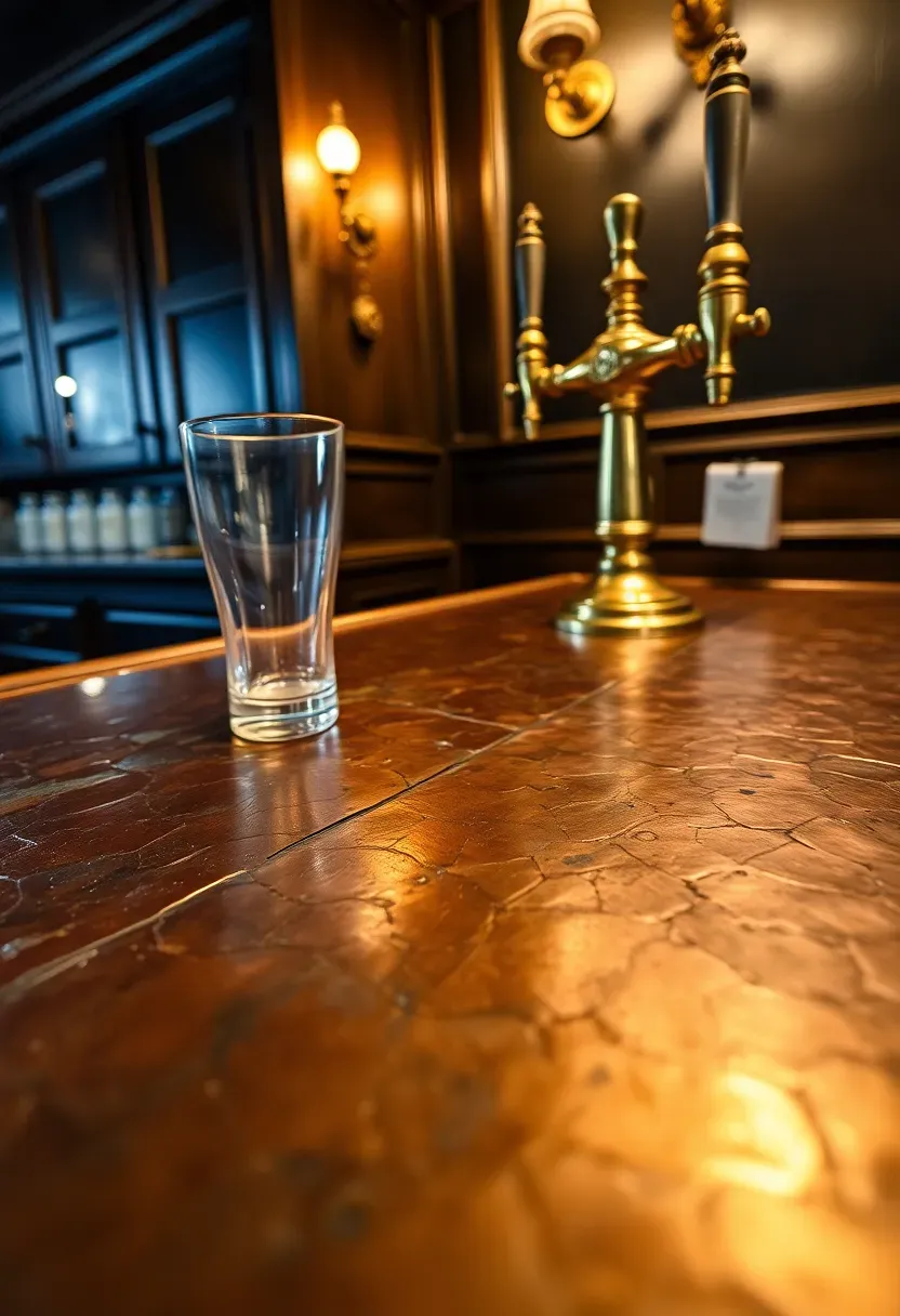 Basement pub bar with hammered copper countertop, aged green patina on the bar front, dark wood cabinetry, and vintage brass tap handles