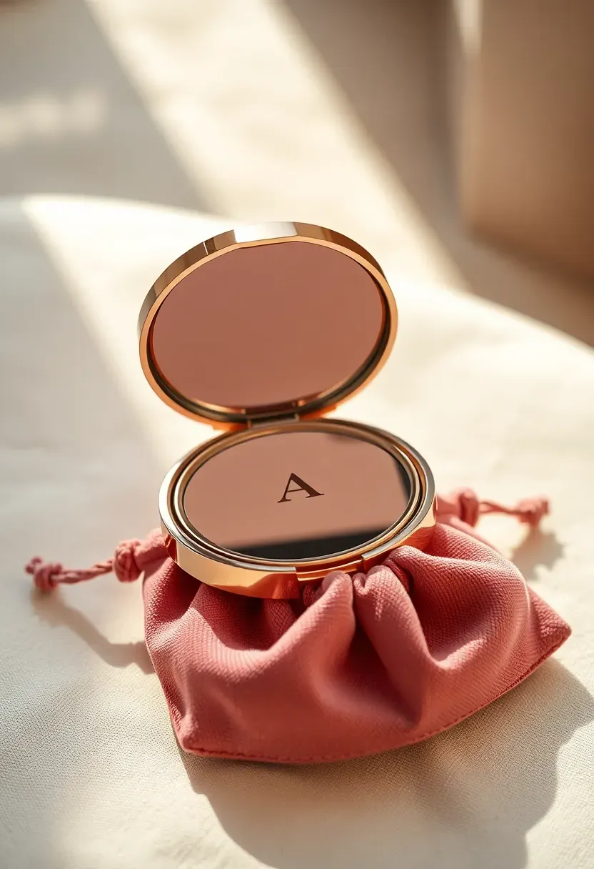 monogrammed compact mirror in rose gold with a single initial letter displayed open on a velvet pouch at a baby shower prize table