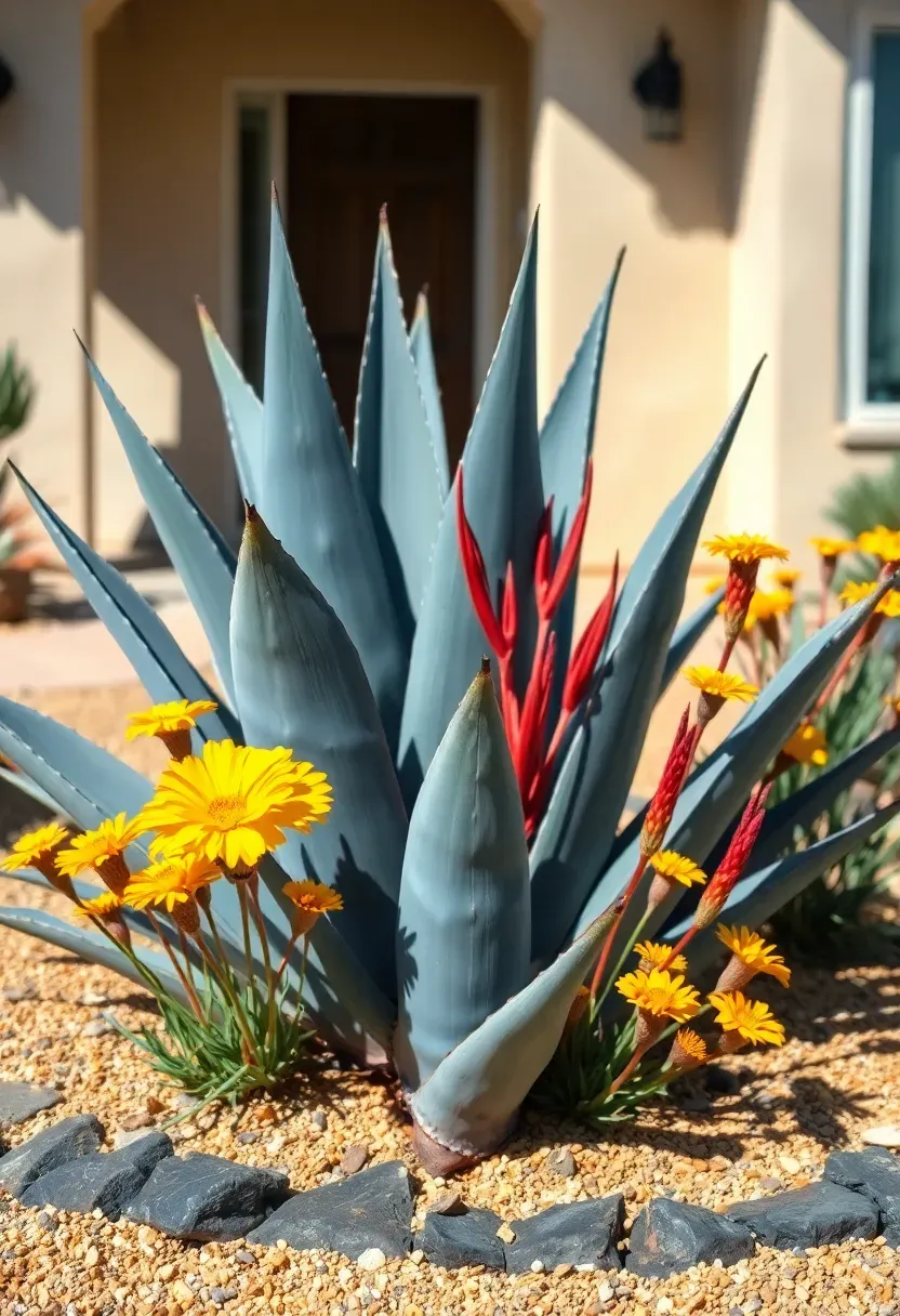 Xeriscaped front yard with blue agave, red yucca, desert marigold, and decomposed granite replacing a traditional lawn