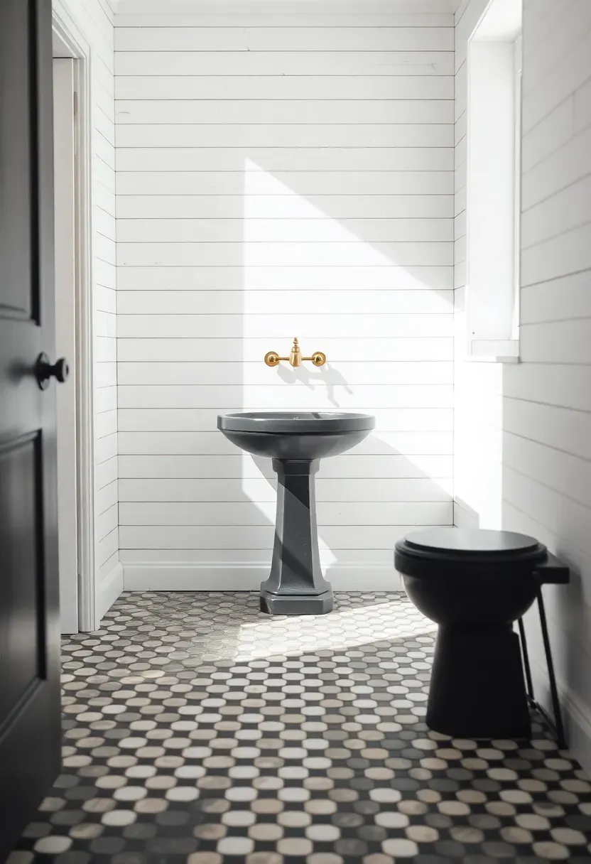 Black and white hexagon mosaic floor tiles in a small bathroom with white walls — vintage-inspired geometric pattern