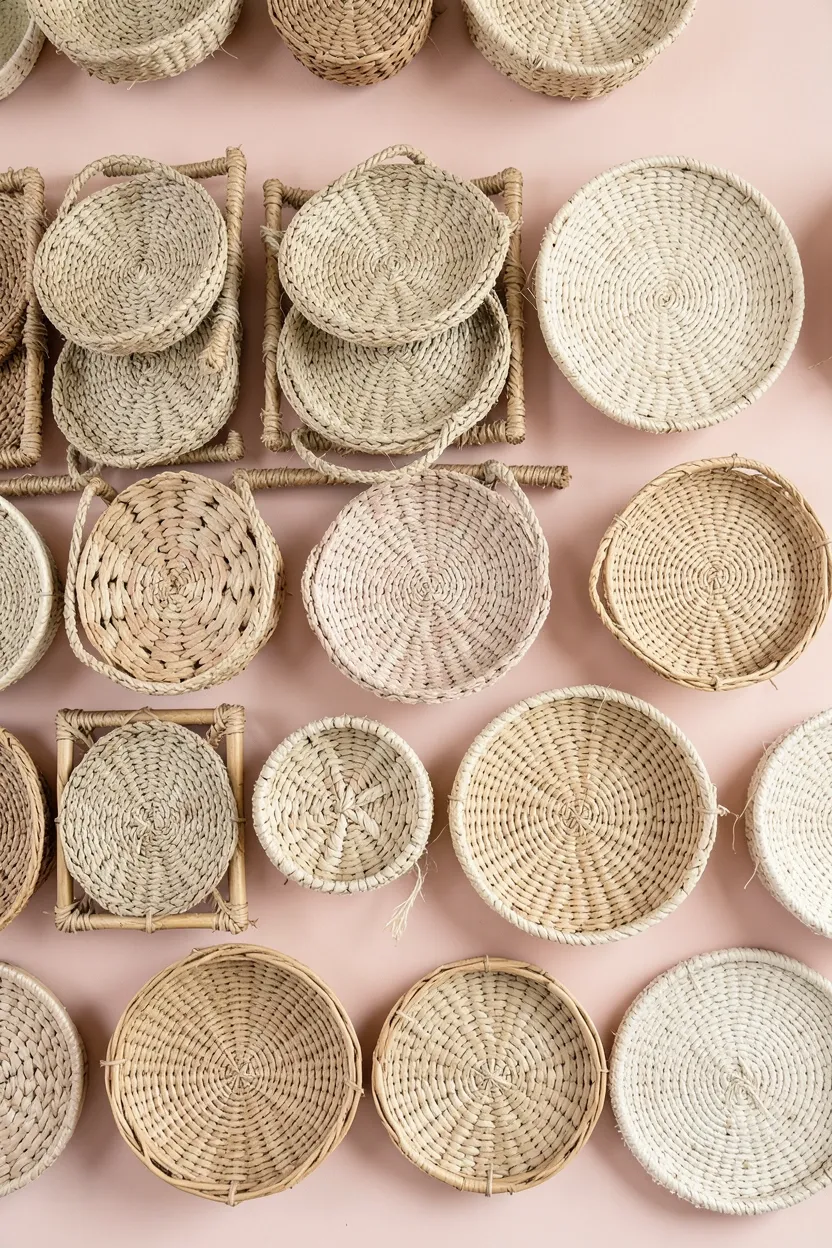 Asymmetric cluster of woven seagrass and rattan baskets of varying sizes hung on a boho bedroom wall as sculptural art