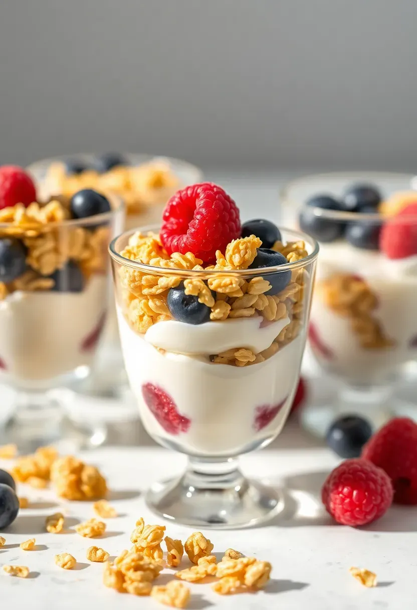 layered yogurt parfait shooter cups with granola and fresh berries in small glasses at a baby shower brunch
