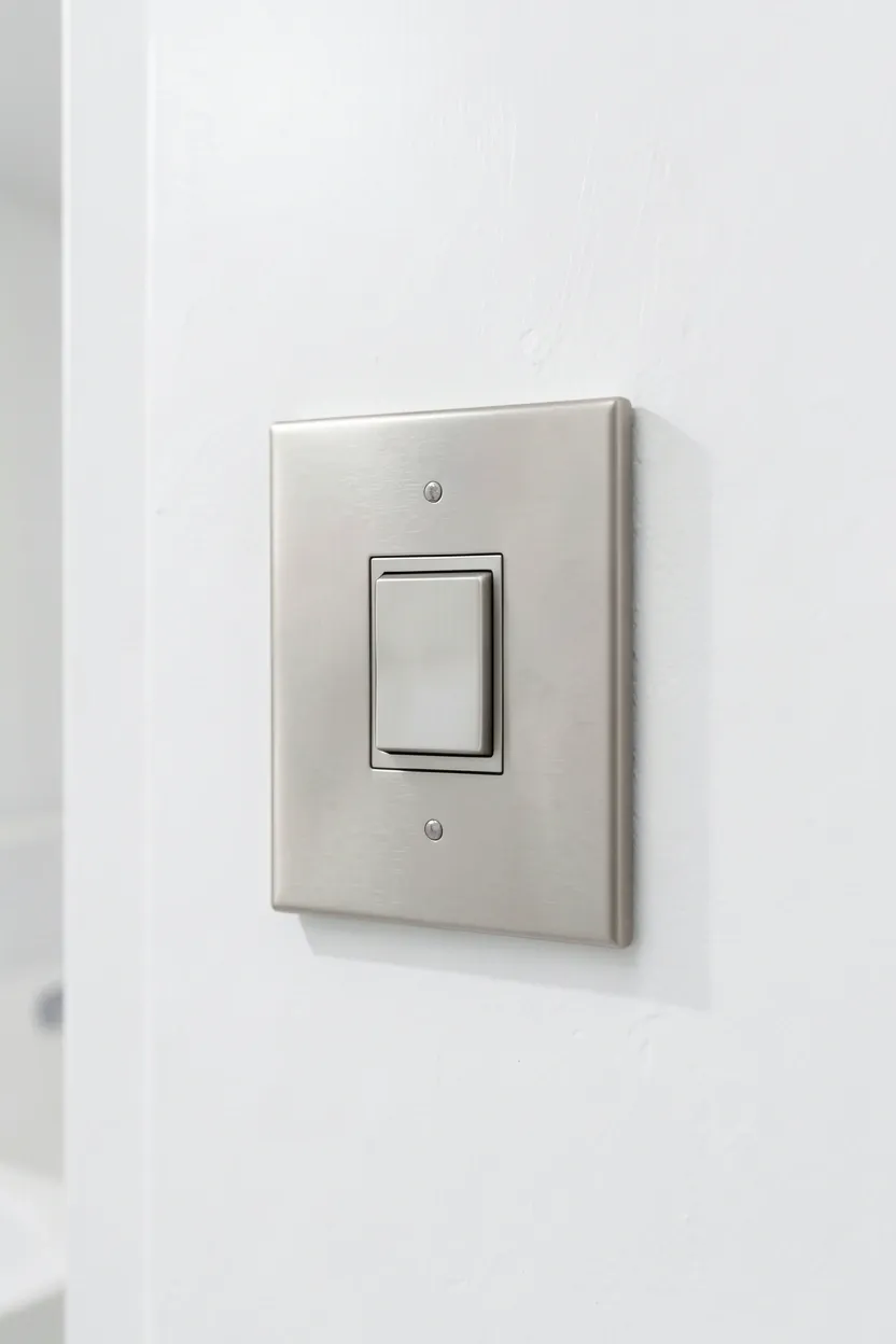 Brass decorative switch plate cover replacing a plain plastic switch plate in a rental bathroom — quick reversible upgrade