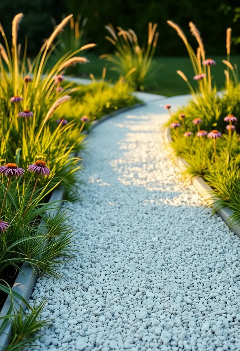 Crushed limestone pathway with clean edges through a green backyard bordered by ornamental grasses and perennials