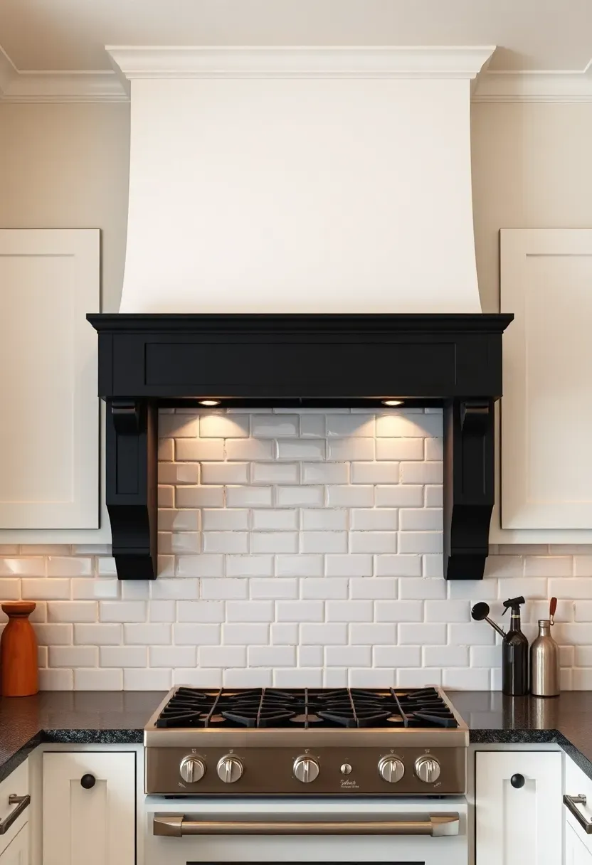 bold matte black decorative range hood cover as focal point in a small white kitchen