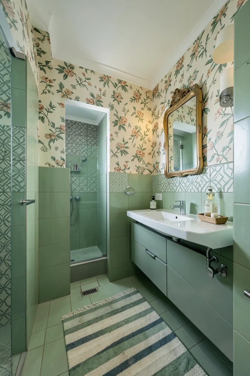 Eclectic sage green bathroom with mixed geometric tiles, floral wallpaper accent, mid-century mirror, and striped rug