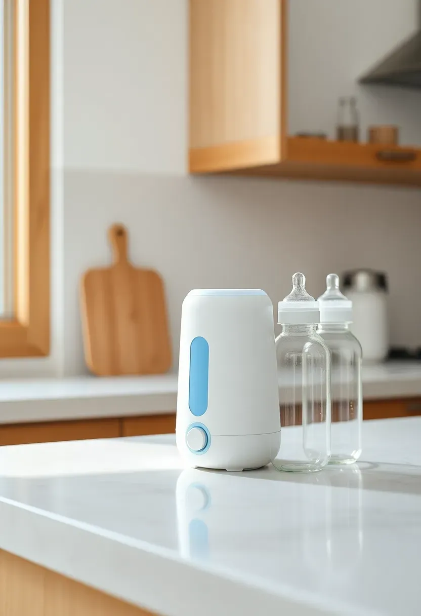compact portable bottle warmer on a kitchen counter next to baby bottles