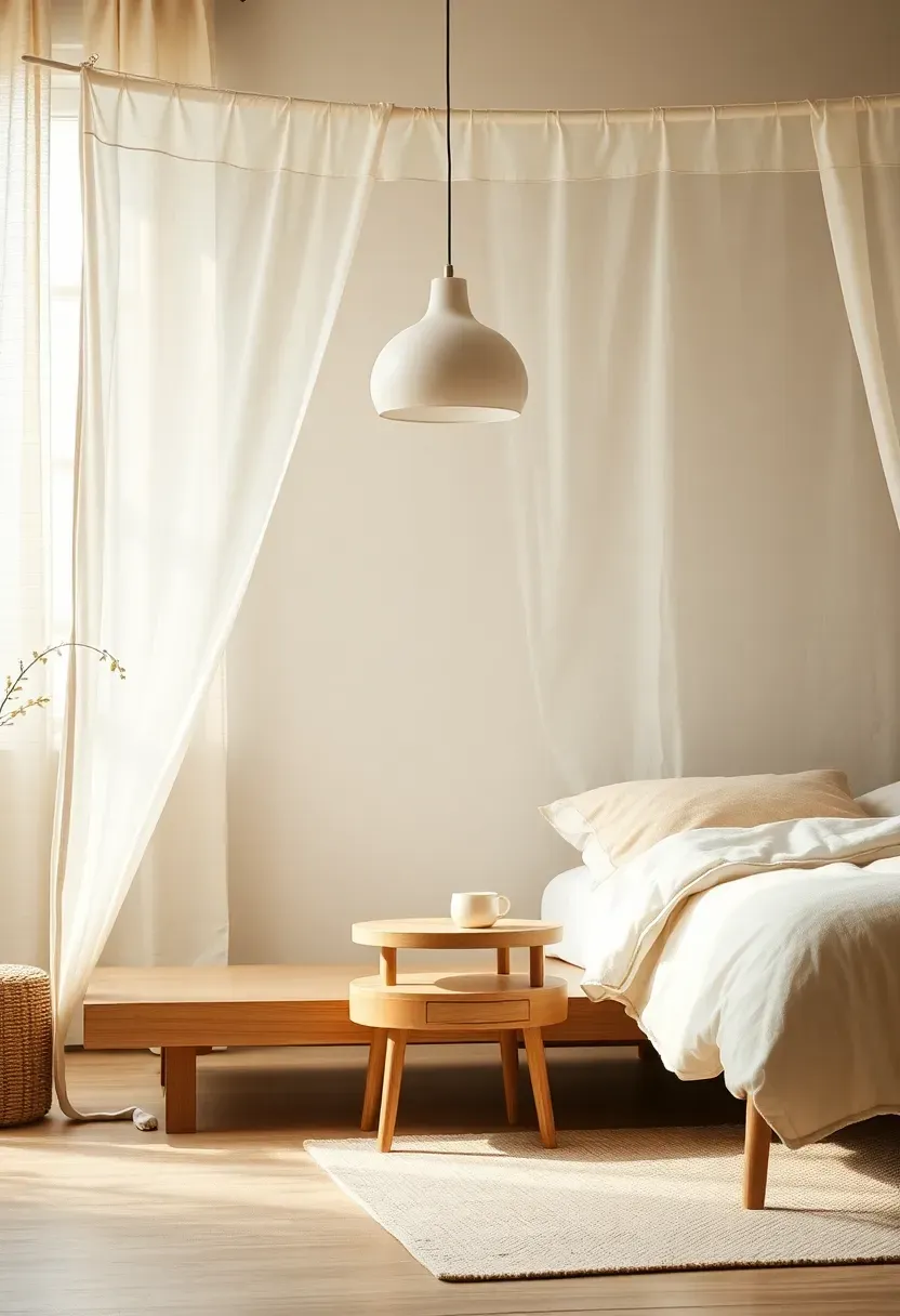 Neutral canopy nook with calm lighting