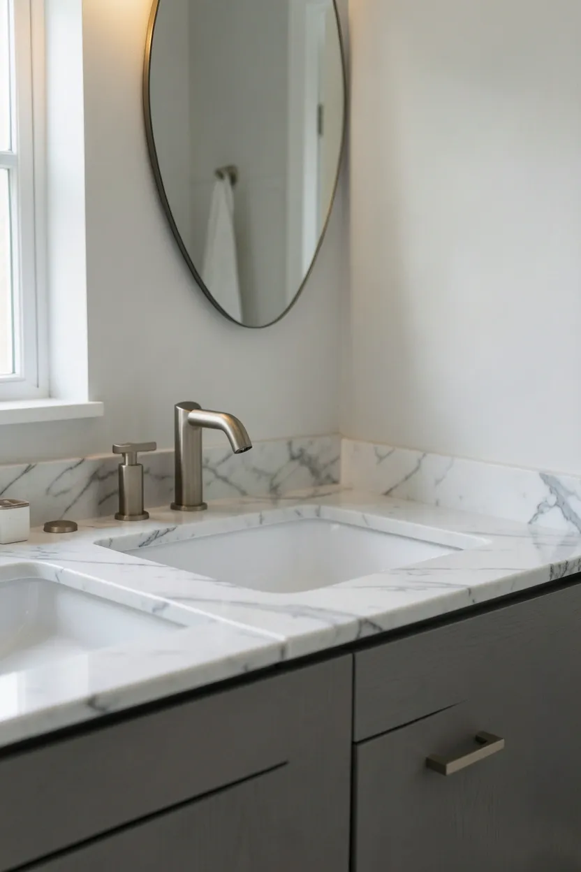 Light grey bathroom vanity with white marble countertop and brushed nickel hardware in a calm modern bathroom