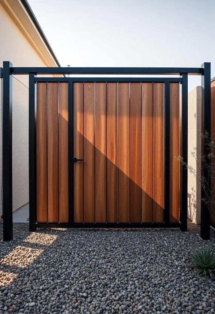 Backyard gate with a black metal frame and natural wood plank infill set in a modern fence with gravel landscaping