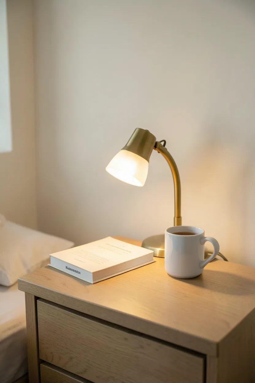 Calm rental bedroom evening routine — dim lamp, open book, herbal tea on a minimalist nightstand before sleep
