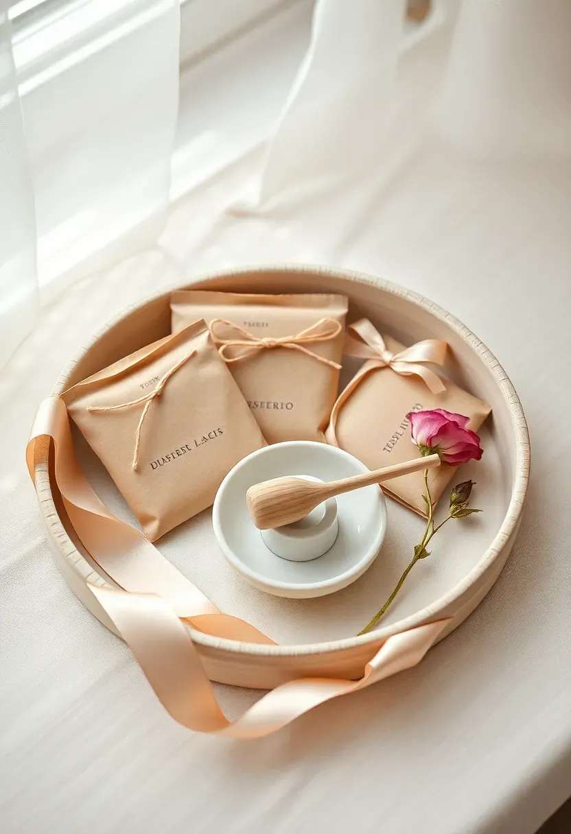 tea gift set with pastel tea sachets honey dipper ceramic dish and dried rose on linen tray