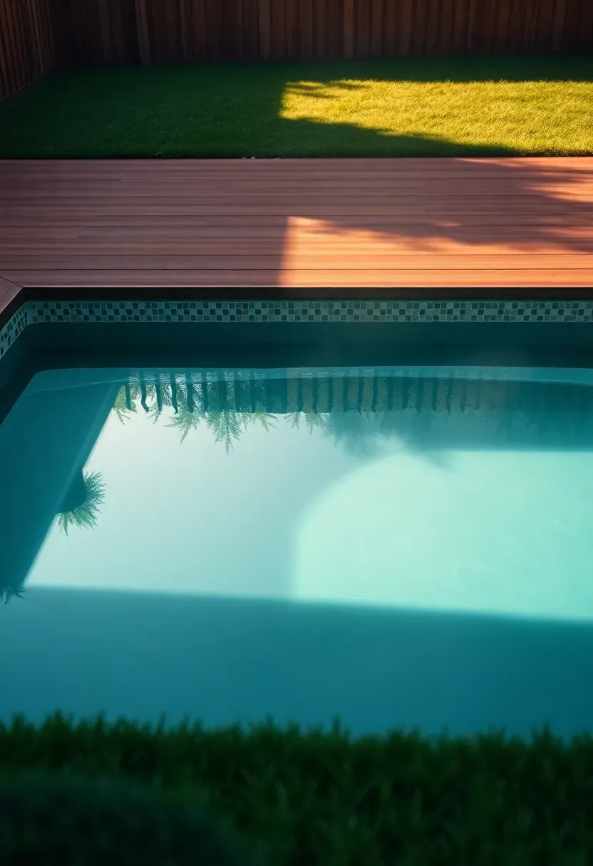A swim spa sunk below ground level with deck planks extending seamlessly over the surrounding yard and a flush water surface