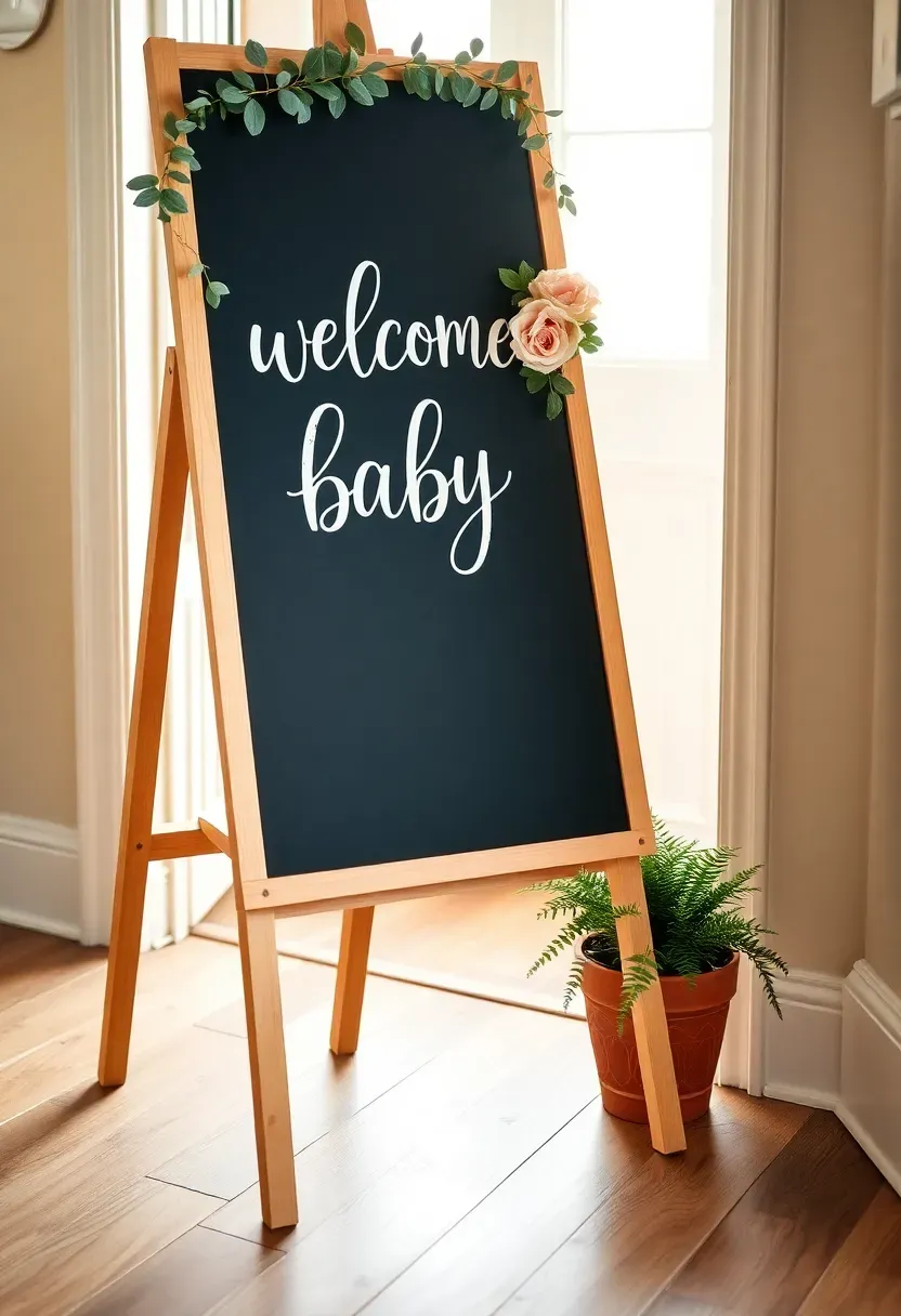 hand-lettered welcome baby chalkboard sign on an easel at a baby shower entrance with floral accents and the baby's name and date