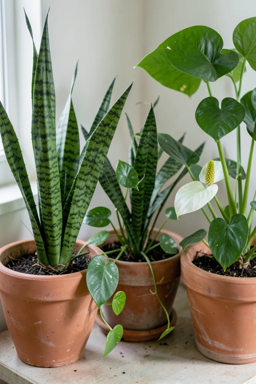 Fiddle leaf fig and snake plant in terracotta pots adding natural greenery to a bright vintage Scandinavian living room