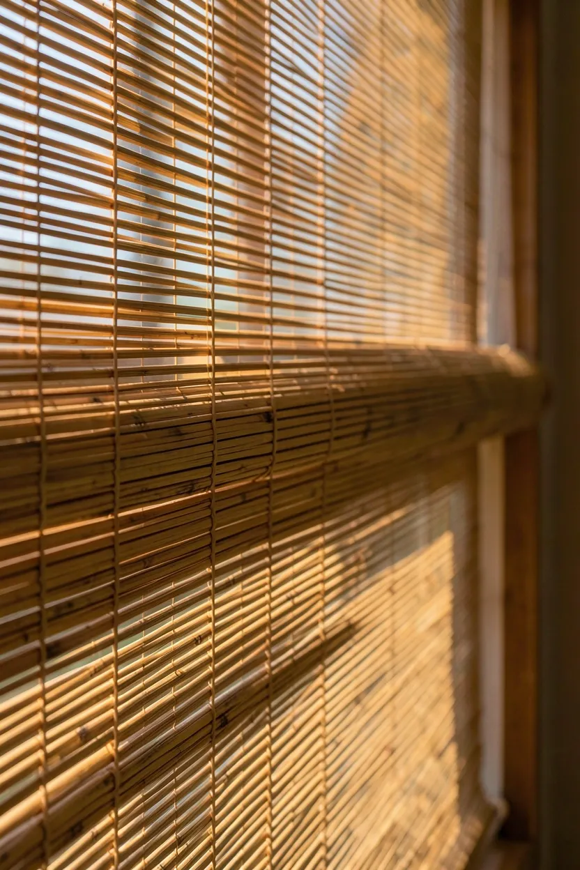 Natural bamboo roller shades filtering warm afternoon light in a cozy apartment living room with linen curtains