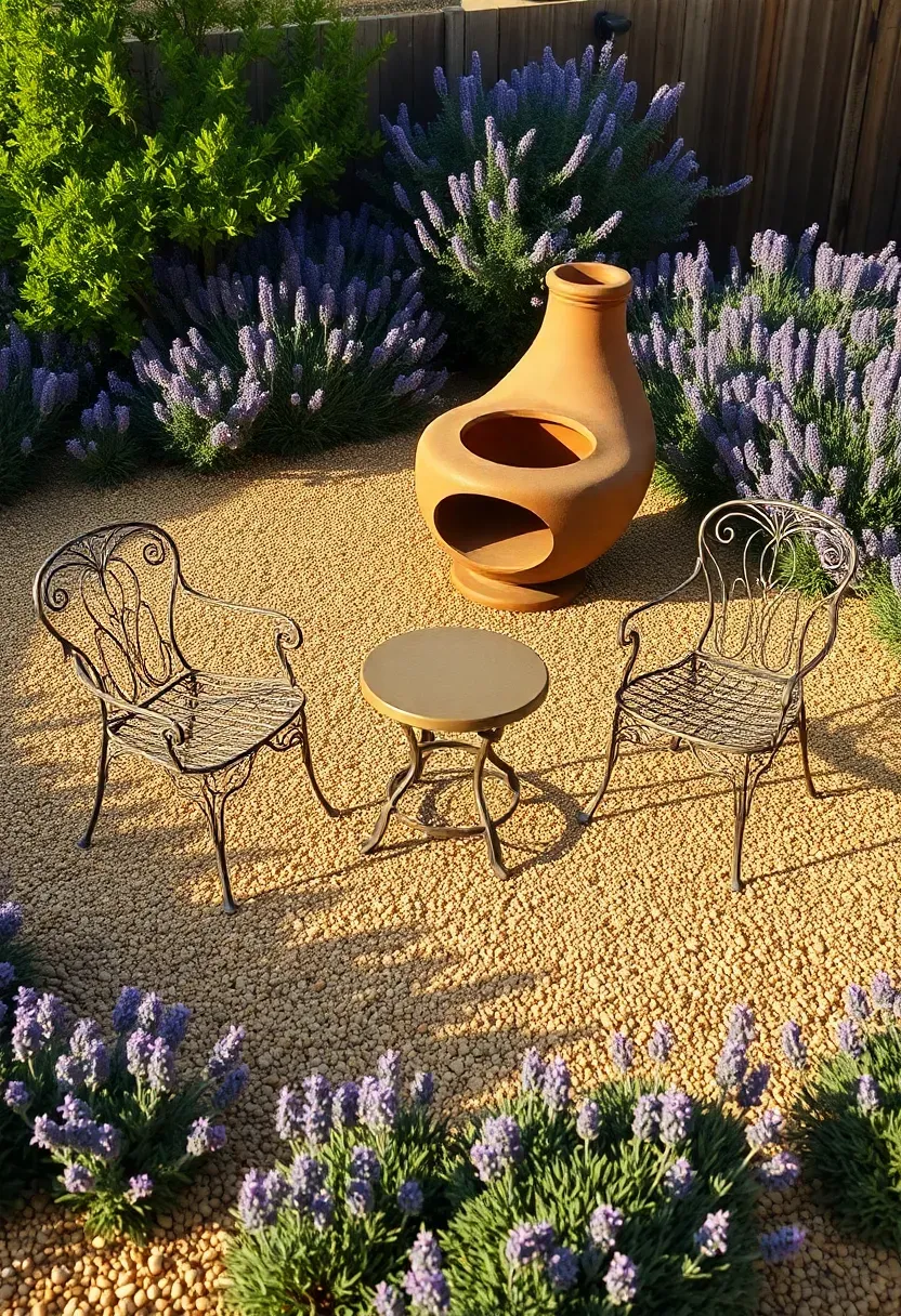 Circular decomposed granite patio area in a Texas backyard with metal chairs, a chiminea, and border of Texas sage shrubs
