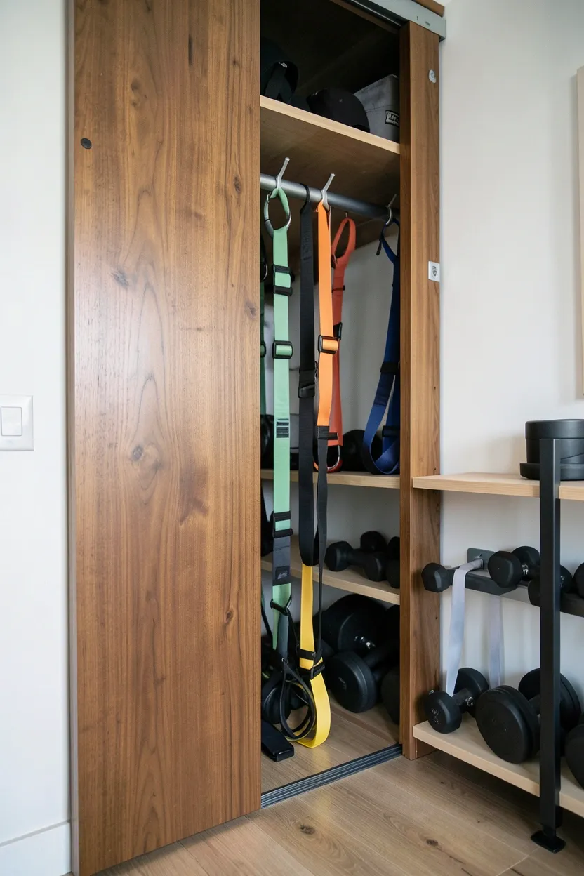 Sliding panel wall system concealing gym equipment on integrated hooks and racks behind a flush door — smart storage for a clutter-free workout room