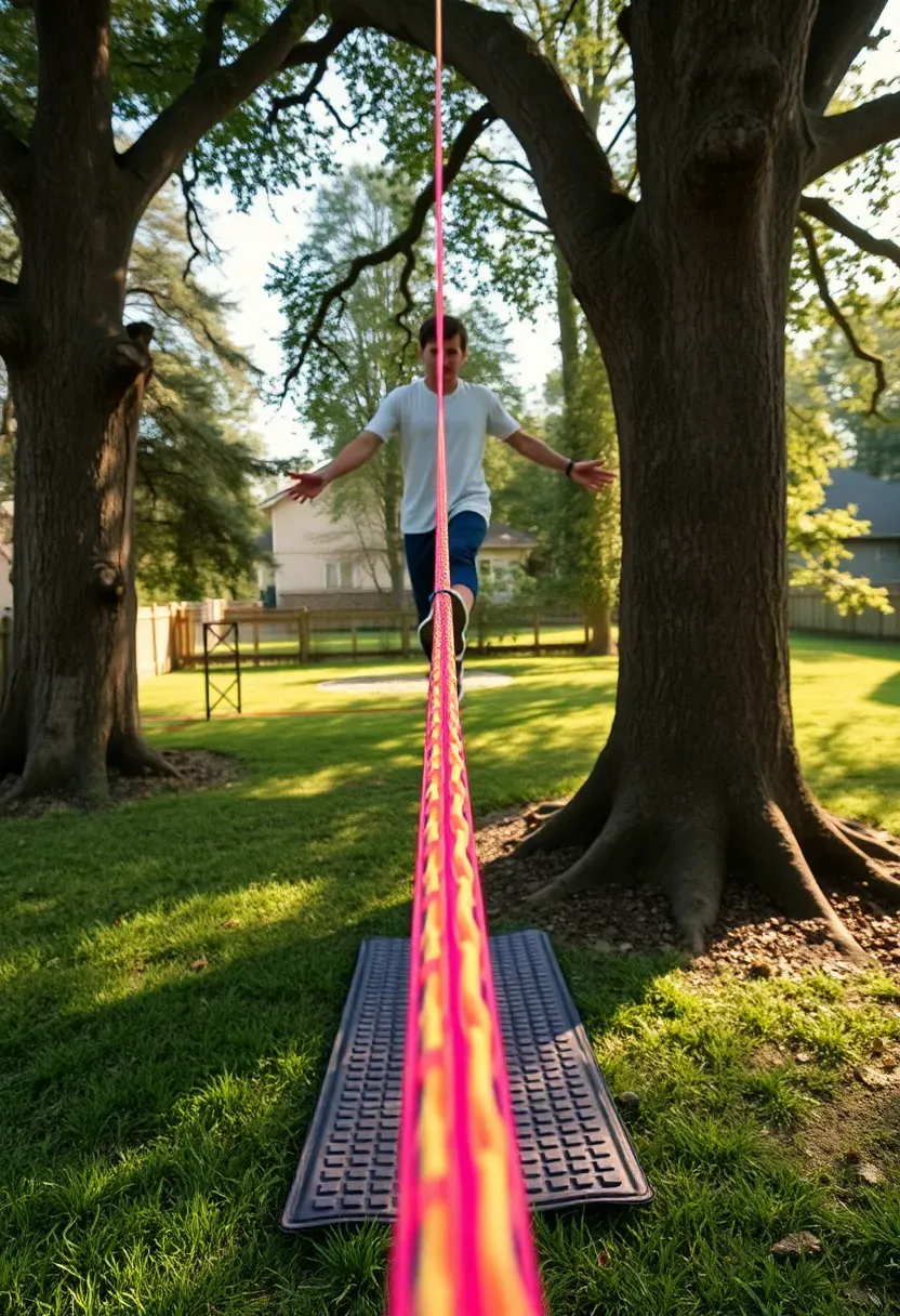 Person walking on a colorful slackline stretched between two large oak trees in a grassy backyard with balance mats underneath