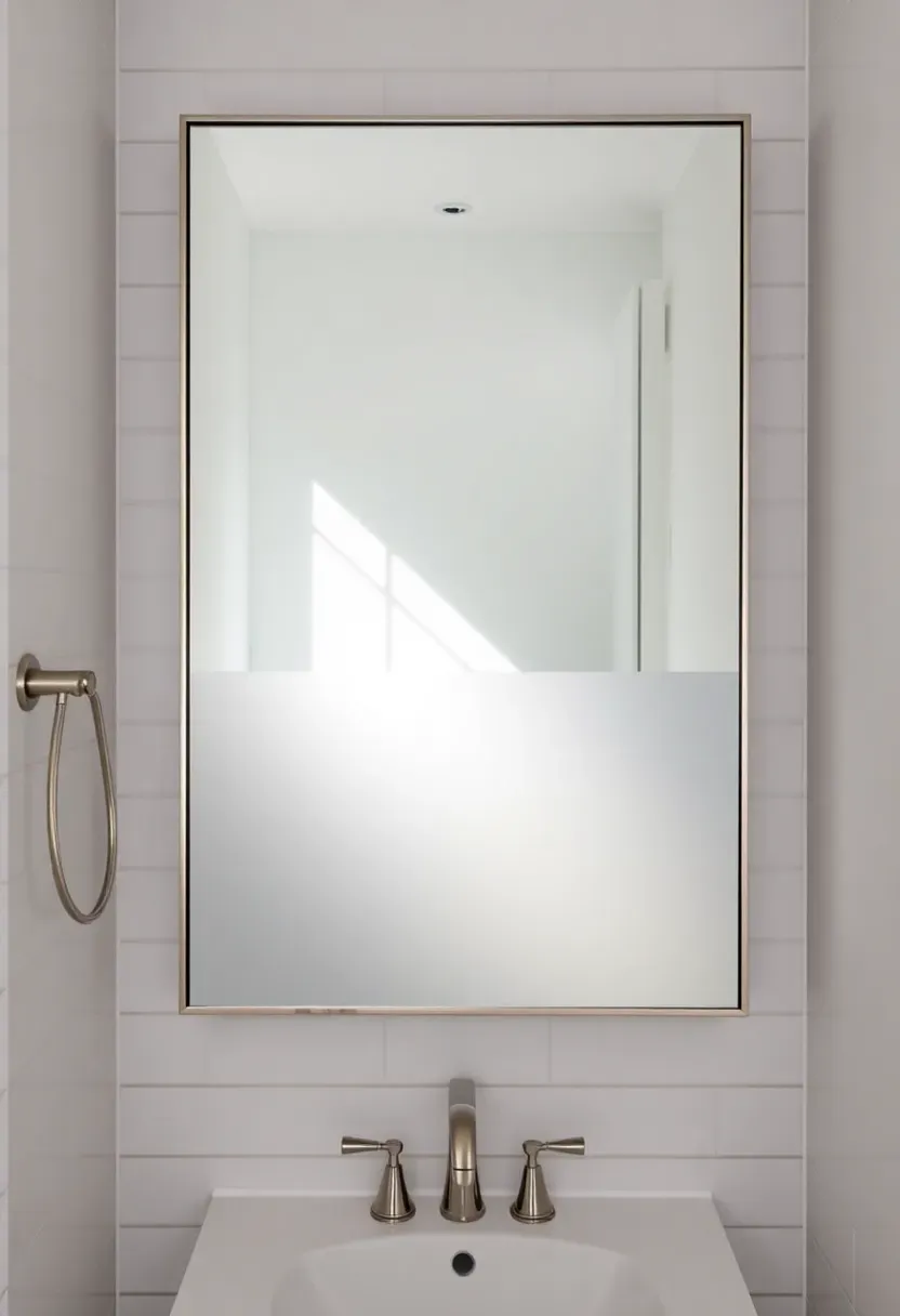 Tall bathroom mirror with the bottom third frosted for privacy, allowing morning light through while obscuring the lower vanity area