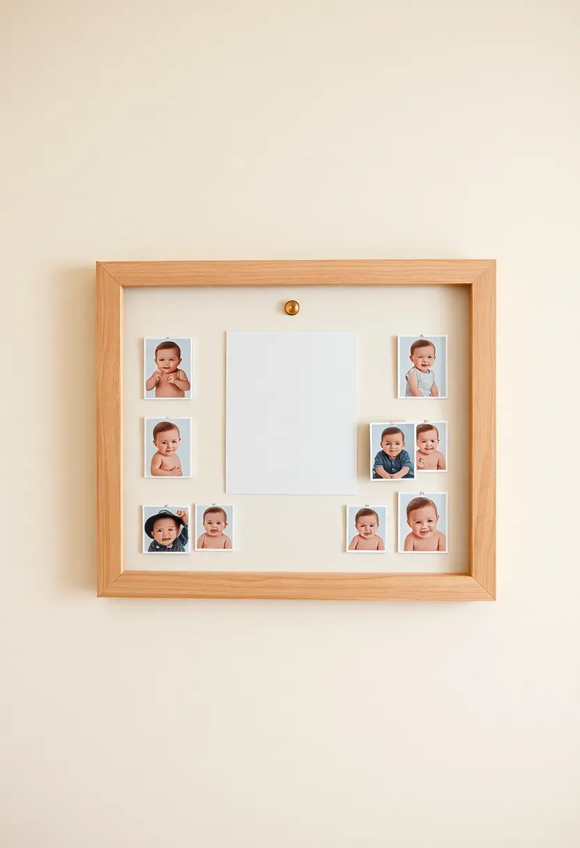 first year photo frame display with twelve monthly slots and one large center frame showing baby photos on a nursery wall