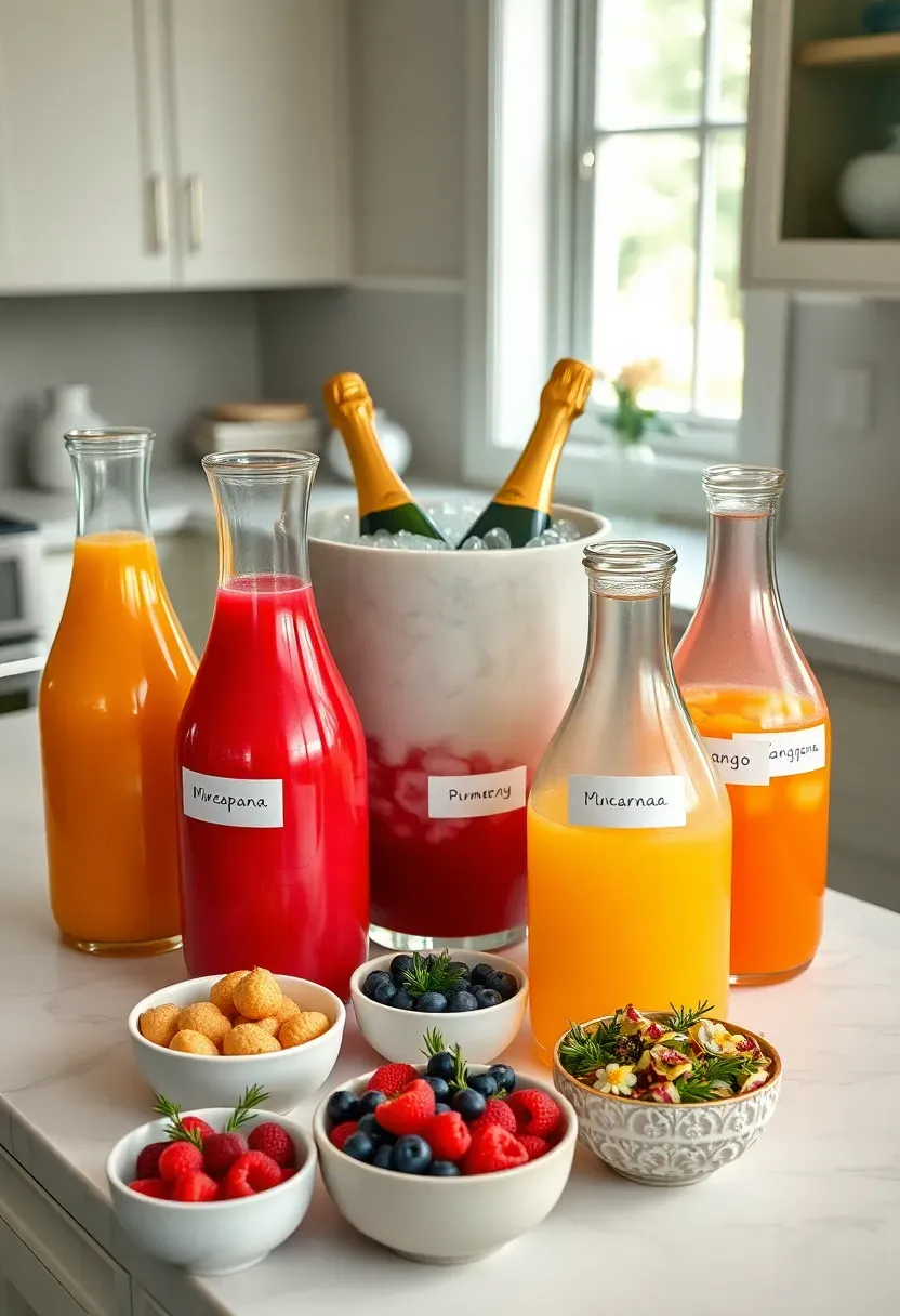 baby shower mimosa bar with glass carafes of fruit juices custom printed labels champagne bottles and garnishes on a decorated table