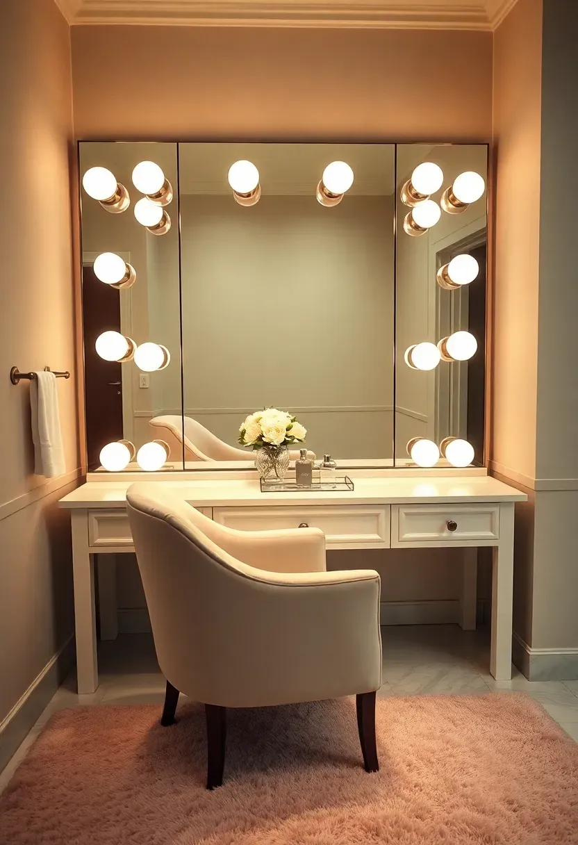 Hollywood-style dressing room bathroom with large illuminated vanity mirror, makeup station, and plush seating