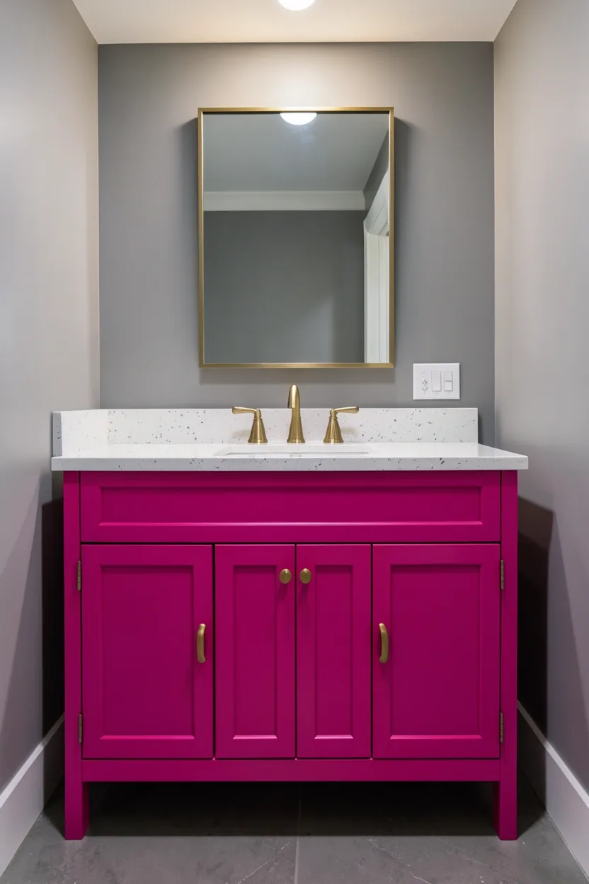 Fuchsia painted bathroom vanity with brass pulls and white marble countertop, bold pink focal point against neutral walls
