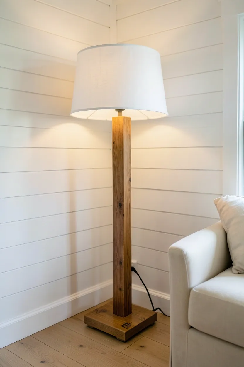 Tall farmhouse floor lamp with linen shade and turned wooden post in a cozy minimalist living room corner