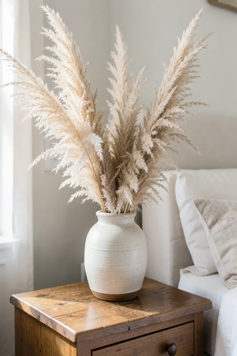Tall pampas grass stems in a simple cream ceramic vase beside a bedroom dresser in a nordic farmhouse interior