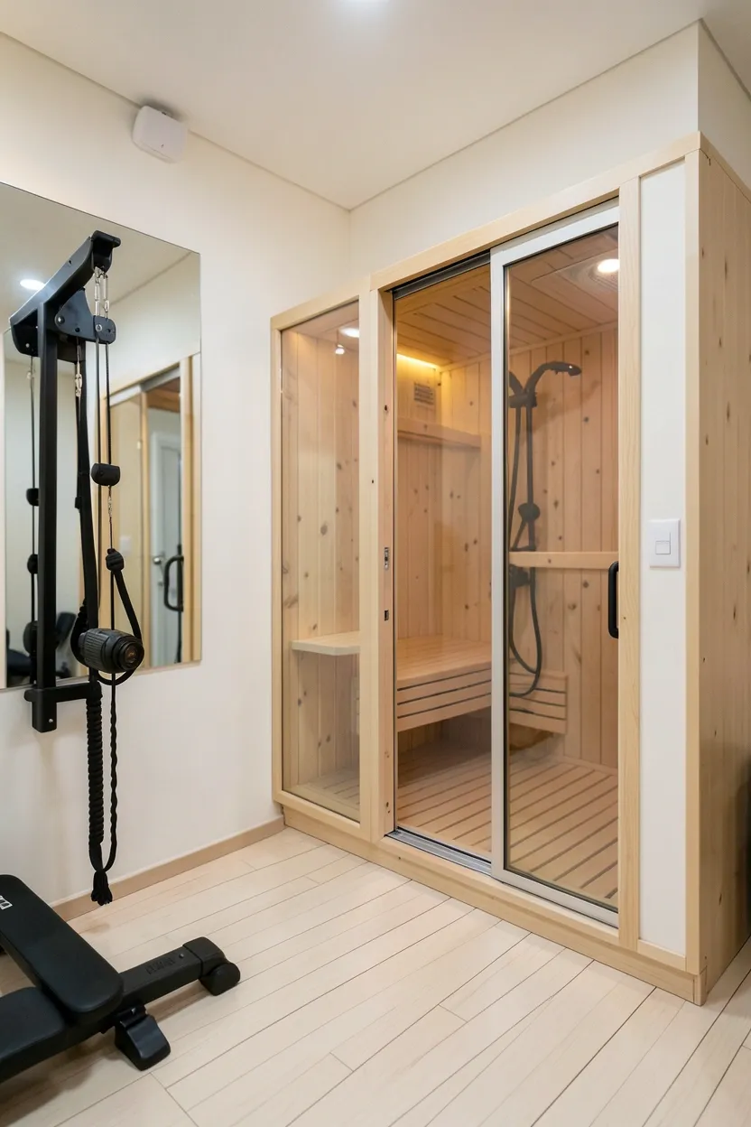 Small apartment gym with compact 1-2 person sauna tucked in corner with sliding glass door, light vinyl flooring, wall-mounted equipment maximizing floor space