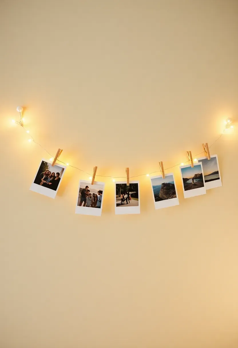 dorm room photo display wall with string lights polaroid photos and printed memories in warm bedroom light