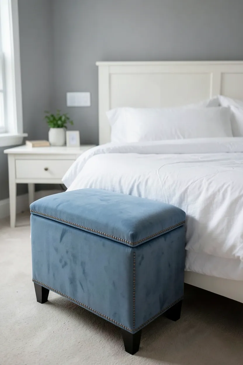 Hyper-realistic eye-level photograph of soft blue upholstered ottoman positioned at foot of white bed frame with white bedding. Neutral gray walls, two white nightstands flanking bed, minimal decor. Materials: velvet blue ottoman with nailhead trim, white cotton bedding, white wood bed frame. Natural light from window, serene organized atmosphere. Shallow depth of field, sharp details on ottoman upholstery and nailhead trim, balanced composition showing ottoman and bed. No text, no logos, no watermarks.</p>