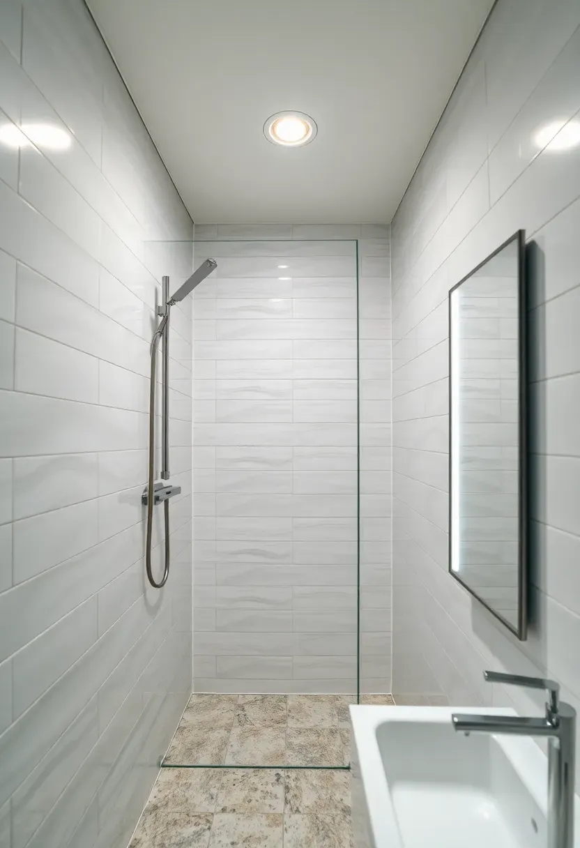 Outdoor patio at dusk with string lights draped overhead in a catenary pattern, wall-mounted lanterns flanking a sliding glass door, and low bollard lights lining a gravel path that curves into the garden