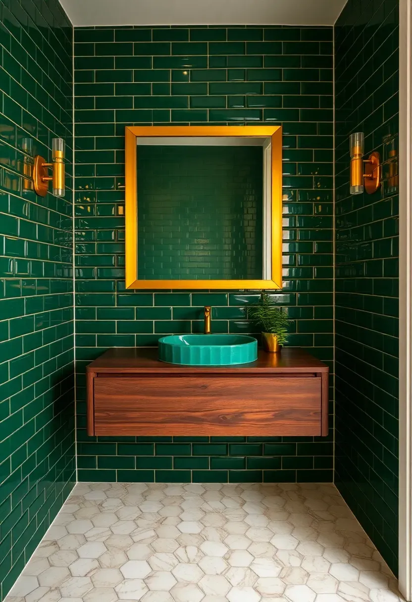 Rich emerald green bathroom with brass fixtures, dark wood vanity, and hexagonal floor tiles