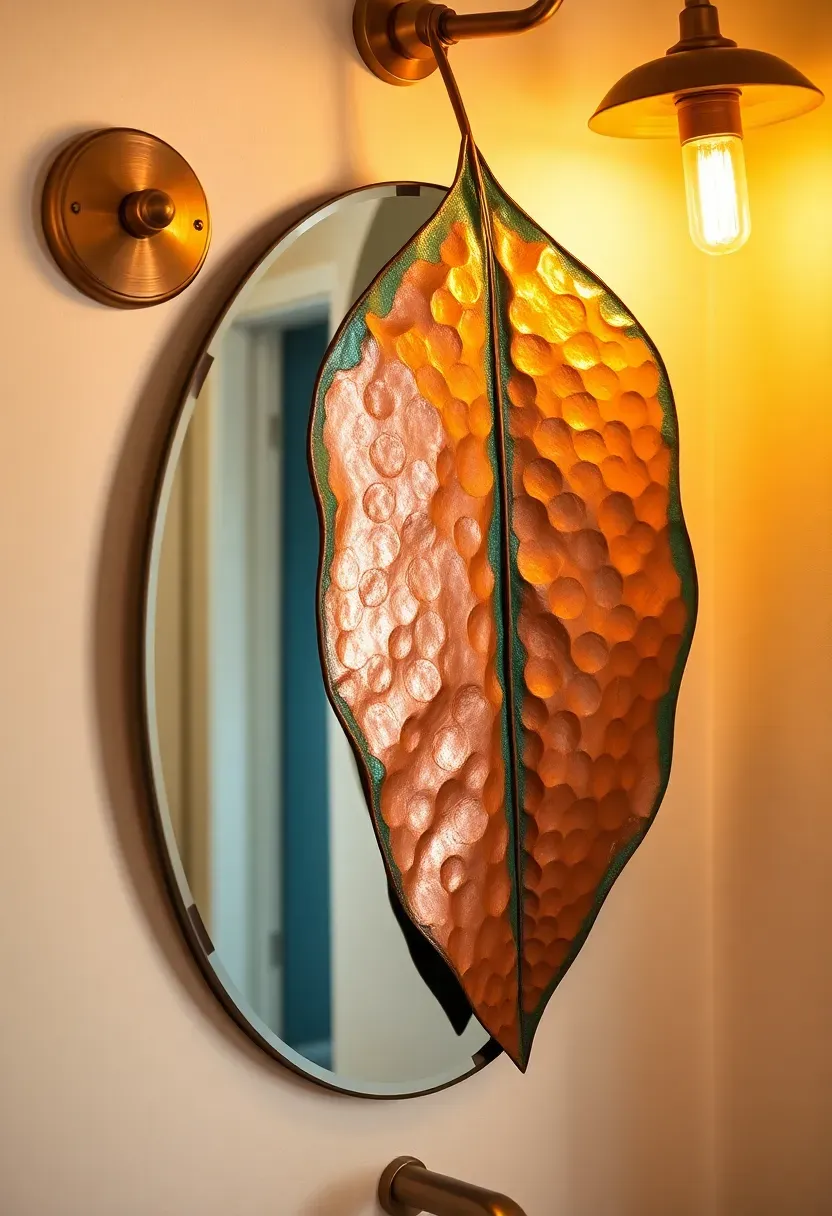Hammered copper wall art piece with organic leaf-shaped form and patina finish beside a bathroom mirror with warm lighting